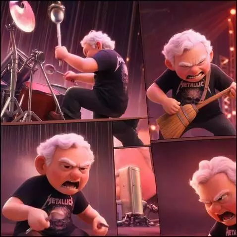 AI Video from prompt: Pixar-style elderly heavy metal rocker headbangi