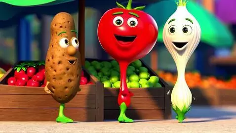 AI Video from prompt: Three cute animated vegetables: a potato, a toma