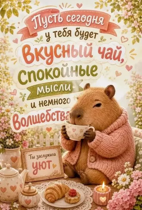 AI Video from prompt: The Capybara moves, smiles  and drinks tea