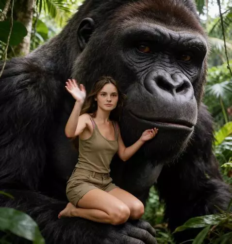 AI Video from prompt: the girl is holding onto the gorilla with one ha