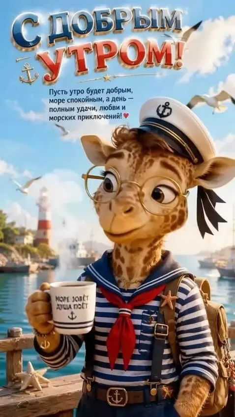 AI Video from prompt: The Giraffe moves, smiles, and drinks coffee, wh