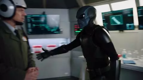 AI Video from prompt: Alien bounty hunter detains USAF officer at Area