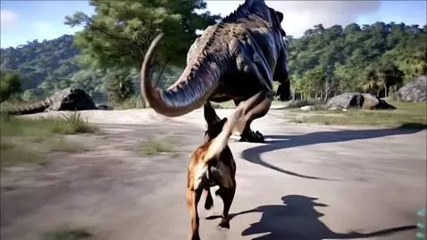 AI Video from prompt: Create a video of a dog been chase by dinosaur