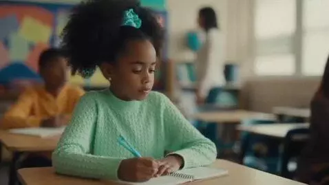 AI Video from prompt: little girl in school during class at her desk u