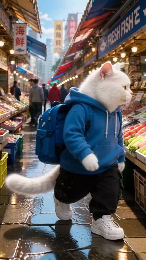 AI Video from prompt: Mr. White walks confidently through the market w