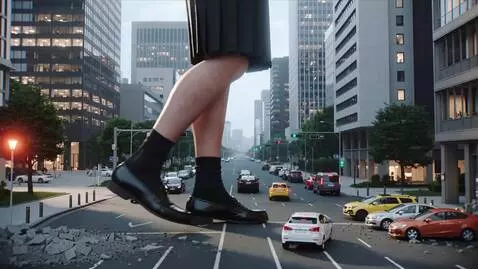 AI Video from prompt: A towering Japanese schoolgirl giantess stands i