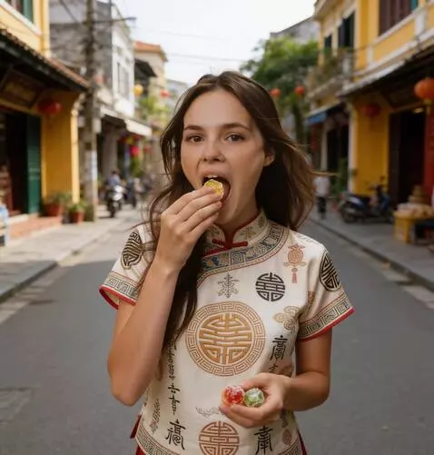 AI Video from prompt: the girl puts a candy in her mouth and eats it e