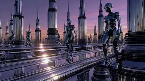 AI Video from prompt: An alien city made entirely of chrome including 