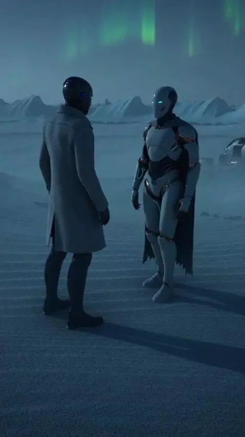 AI Video from prompt: Autonomous highly advanced androids abandon an e