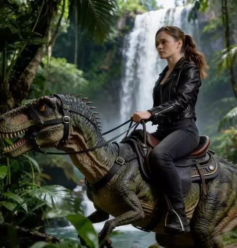 AI Video from prompt: a girl riding a dinosaur is going in one directi