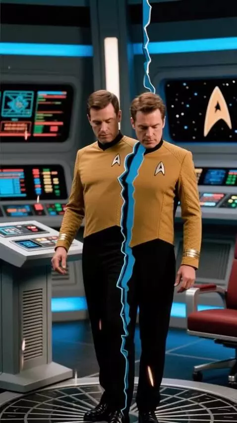 AI Video from prompt: Star Trek transporter malfunction.  Crewman arri