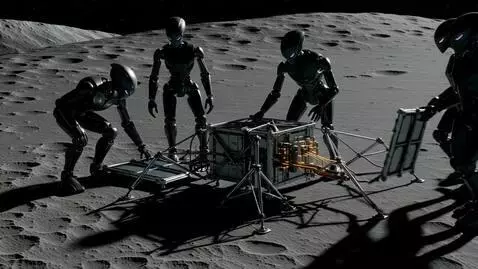 AI Video from prompt: Alien vantablack robots set up a base on the moo