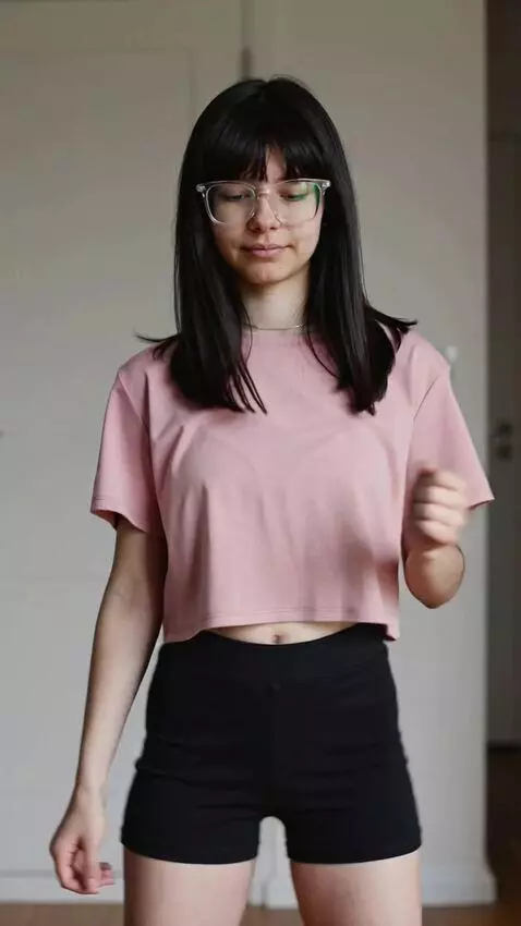AI Video from prompt: A skinny girl, pink t-shirt than ends on her hip
