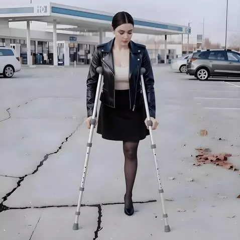 AI Video from prompt: Leaning her armpits on her crutches, the one-leg