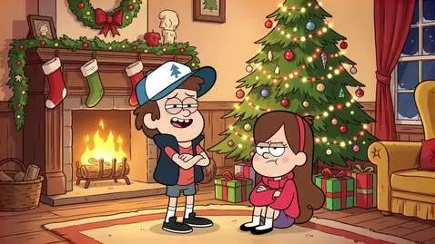 AI Video from prompt: Dipper Pines and Mabel Pines in the Christmas li