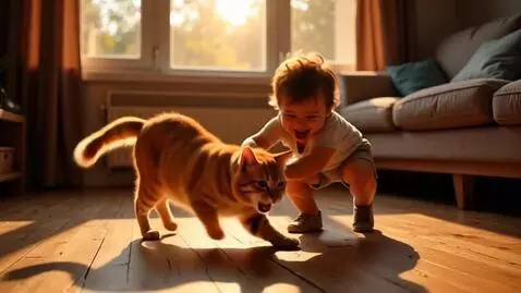 AI Video from prompt: A mischievous toddler laughing greedily while ag
