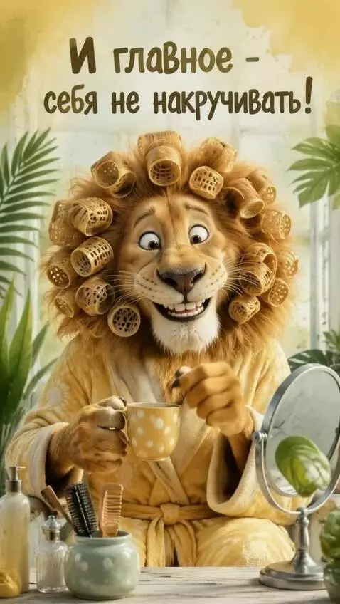 AI Video from prompt: A Lioness looks in the mirror, nods , then smile