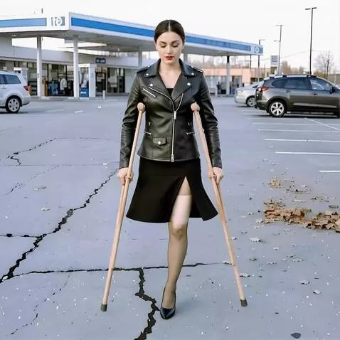AI Video from prompt: A one-legged woman moves forward on crutches wit