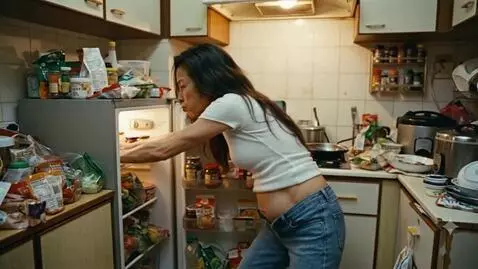 AI Video from prompt: A Chinese woman is ravenously hungry despite hav