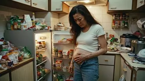 AI Video from prompt: A very stuffed Chinese woman stands in her kitch