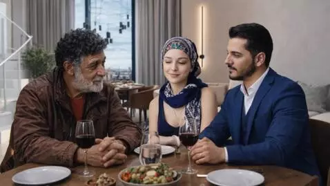 AI Video from prompt: A realistic video. Three people sit at a dining 