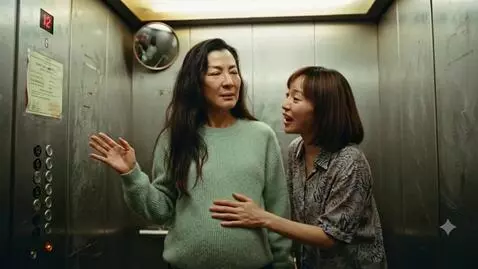 AI Video from prompt: A very full Chinese woman is riding an elevator 