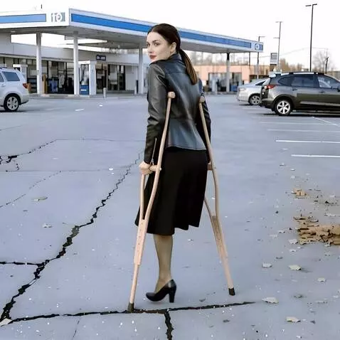 AI Video from prompt: A one-legged woman walks slowly past the camera 