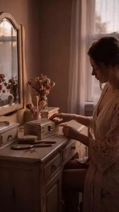 AI Video from prompt: A young woman sits at a quiet, vintage wooden va