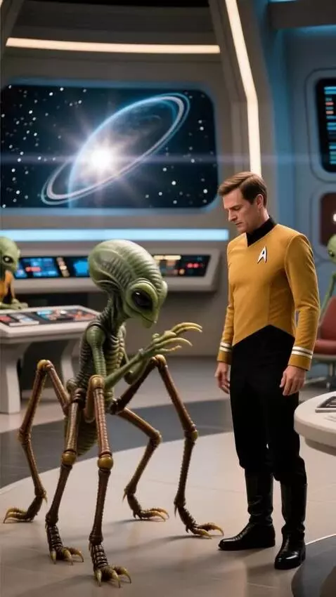 AI Video from prompt: Star Trek USS Voyager encounters aliens with 6 l