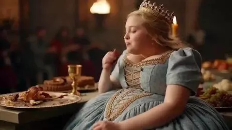 AI Video from prompt: a princess at a feast. she eats the food a geows