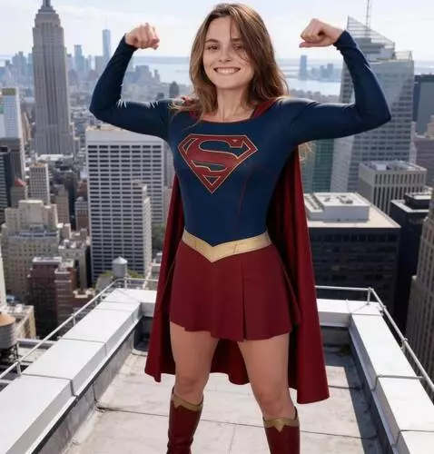 AI Video from prompt: a super girl raises her hands up and shows off h