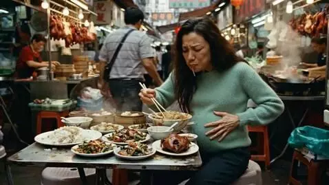 AI Video from prompt: A very full Chinese woman is eating nonstop in a