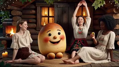 AI Video from prompt: The fairy-tale character Kolobok is relaxing wit