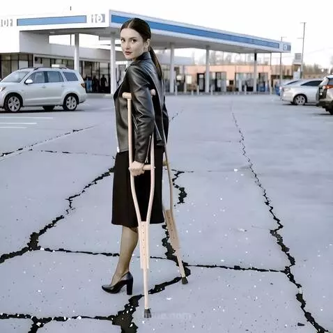 AI Video from prompt: A one-legged woman walks slowly past the camera 