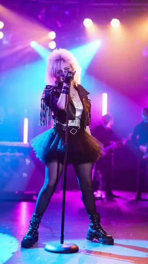 AI Video from prompt: A girl in a short tutu skirt is singing on stage