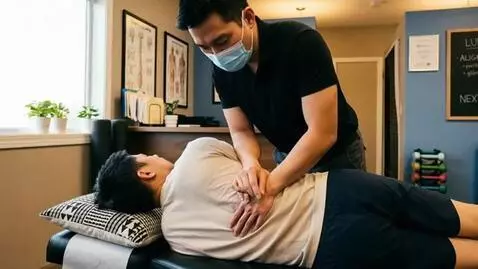 AI Video from prompt: The Asian male chiropractor performs a lower bac