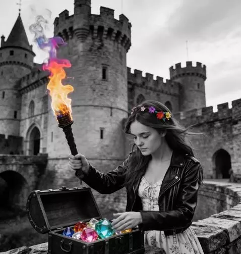 AI Video from prompt: the girl takes a blue gem from the chest and exa