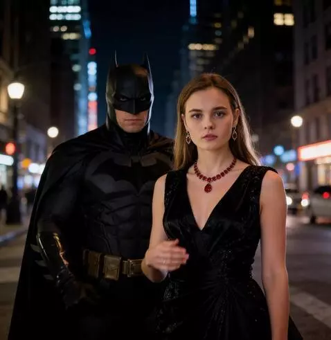 AI Video from prompt: the girl touches her pendant and Batman folds hi