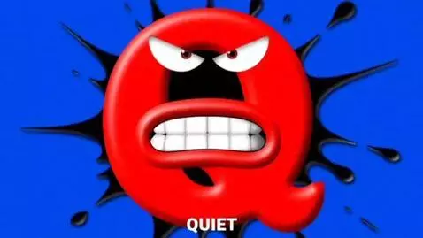 AI Video from prompt: Blue Screen Black Splatter Red Q Angry Eyes Mout