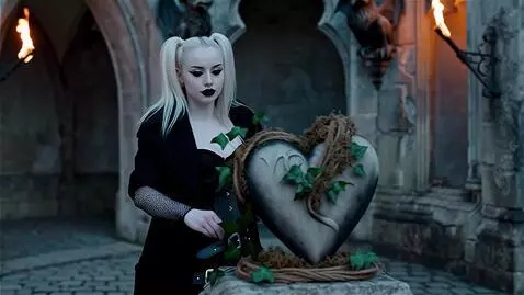 AI Video from prompt: *You see a Goth girl, with blonde hair and ponyt