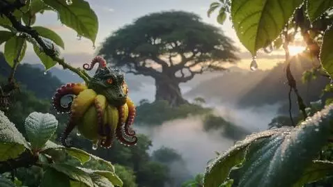 AI Video from prompt: Lush tree in a tropical forest at sunrise, golde