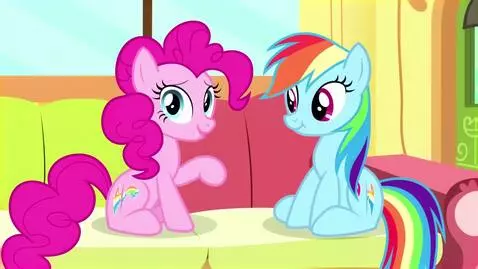 AI Video from prompt: Pinkie Pie and Rainbow Dash are sitting on the c