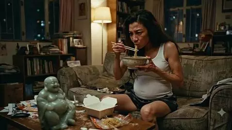 AI Video from prompt: A very full Chinese woman is stuffing her face w