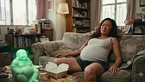 AI Video from prompt: A very stuffed Chinese woman is asleep on her co
