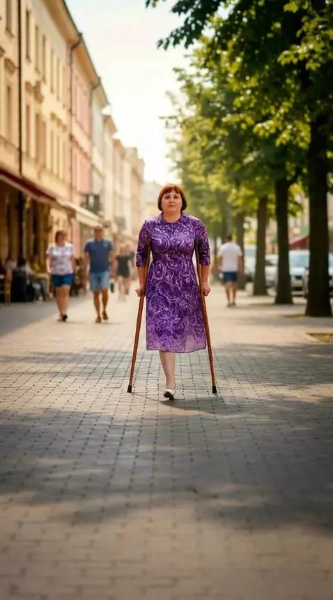 AI Video from prompt: A one-legged woman walks with a steady, measured