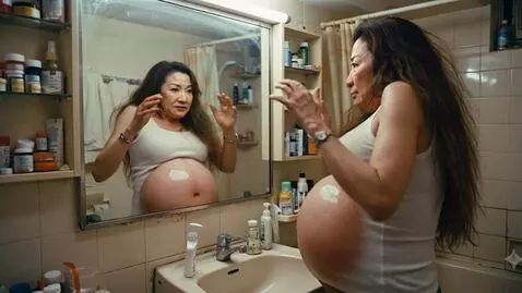 AI Video from prompt: A very bloated Chinese woman is gaining weight b
