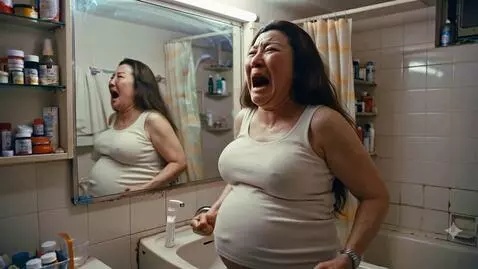 AI Video from prompt: A bloated Chinese woman is in her bathroom in he