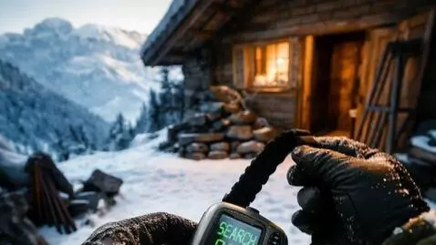 AI Video from prompt: First-person POV putting on avalanche transceive