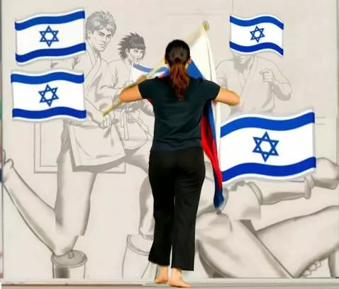 AI Video from prompt: A woman enters the ring with a Russian flag and 