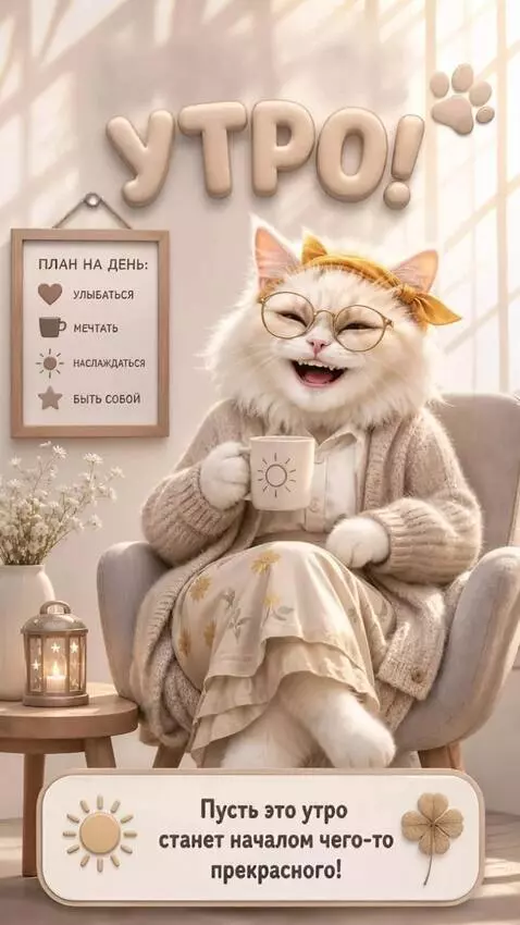 AI Video from prompt: She moves, smiles, and drinks cofee